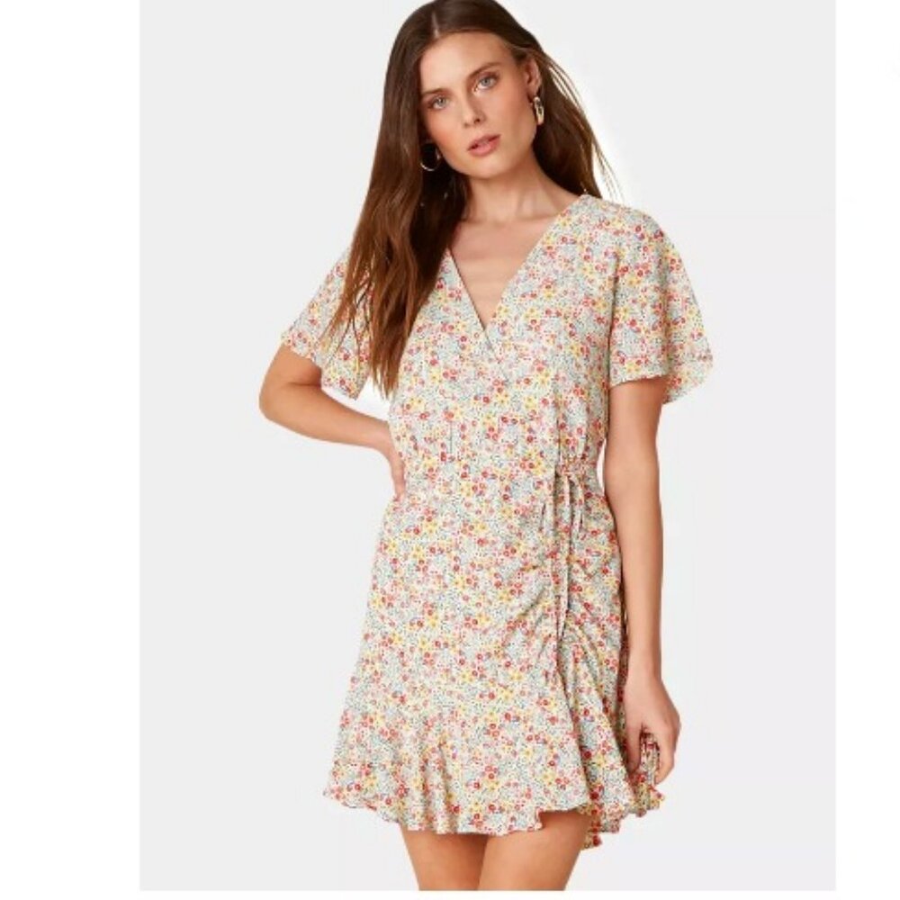Nwt Bb Dakota Flower On Wrap Flutter Sleeve Ruffle Hem Mini Dress Sz 0 & 2